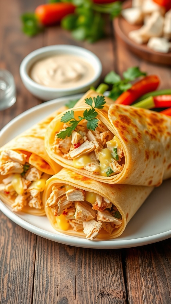 Cheesy Garlic Chicken Wraps cut in half, filled with chicken and cheese, on a rustic wooden table with dipping sauce.